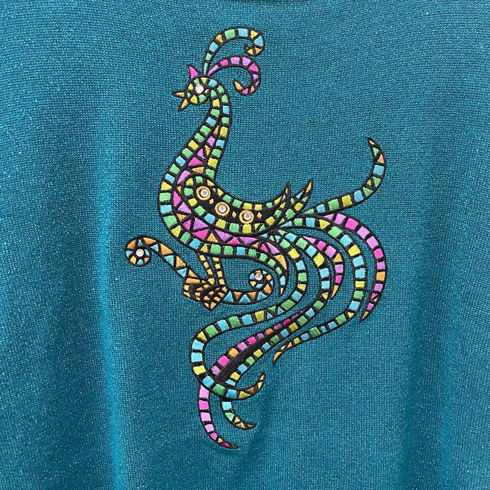 Bob Mackie Wearable Art Teal Metallic Shimmering Sweater Peacock Embroidered SM - Picture 4 of 8